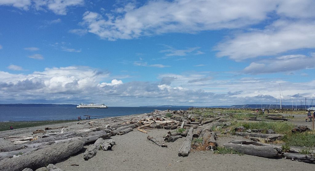 The Edmonds ferry seen from Edmonds beach on Puget Sound