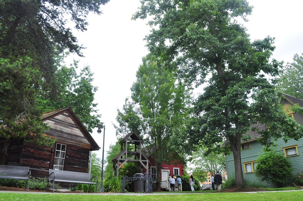 Historic log cabin at the Park at Bothell Landing on the Sammamish River in Bothell